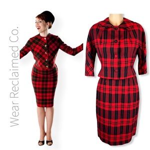 VTG 1960s Red & Black Plaid Pencil Skirt & Jacket